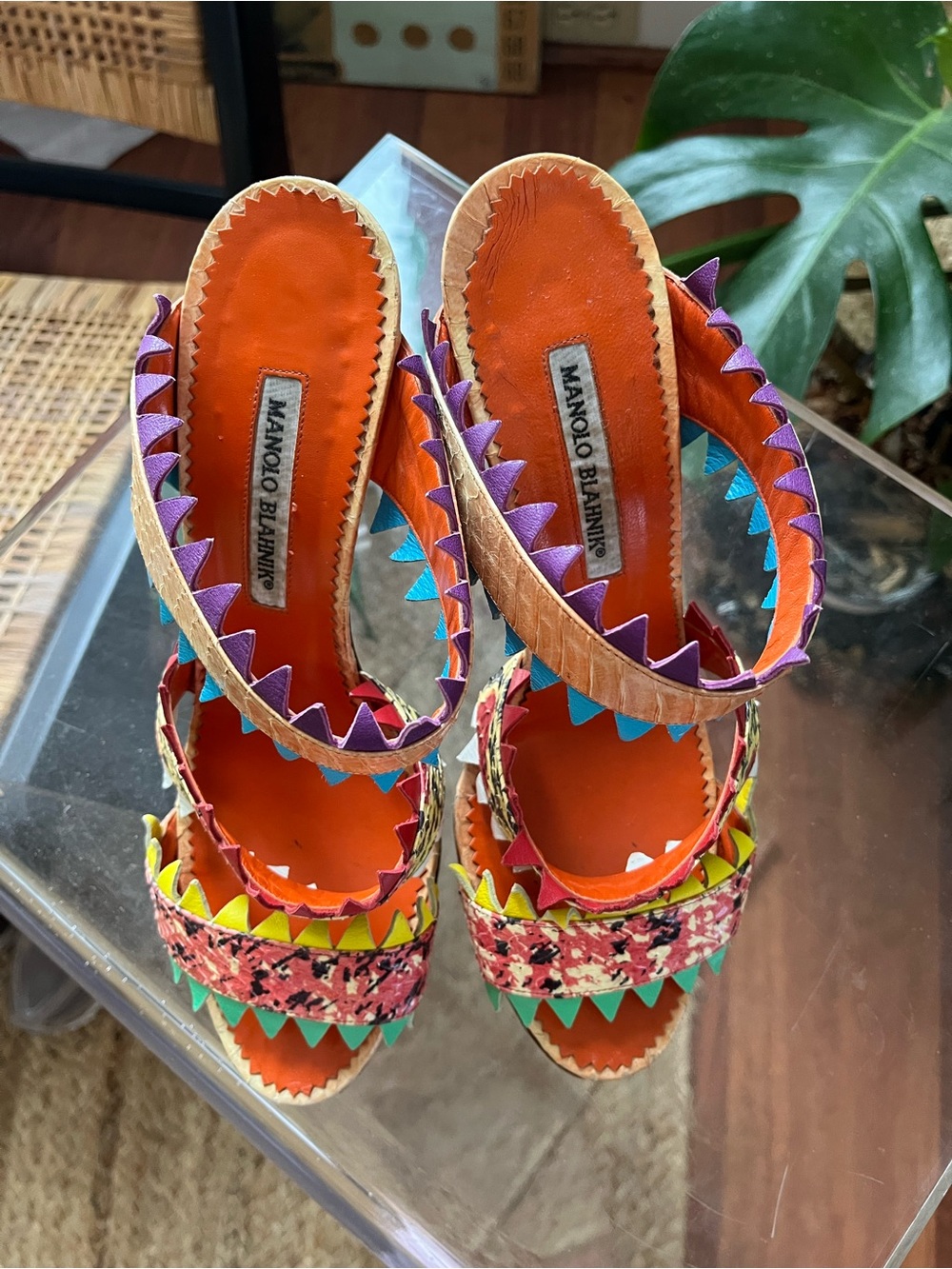 Sex & City Manolo Blahnik Orange Multicolor Slide Heels